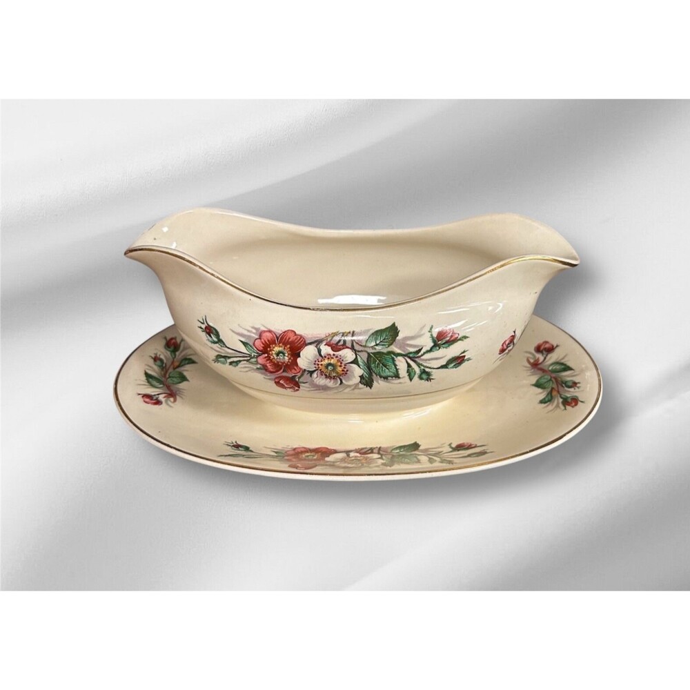 Vtg John Maddock & Sons Ivory Ware Gravy Sauce Boat W/ Attached Under Plate Eng